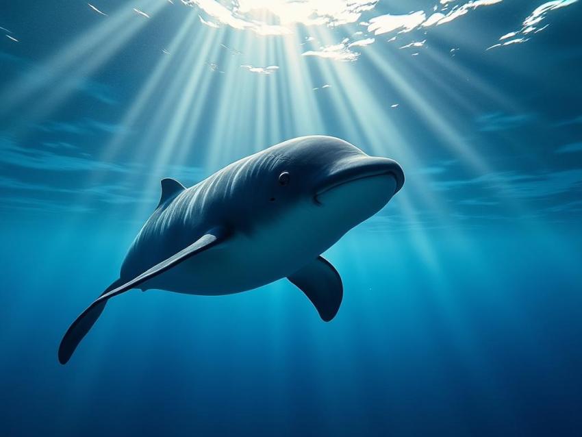 An underwater view of a small vaquita porpoise in clear blue water.