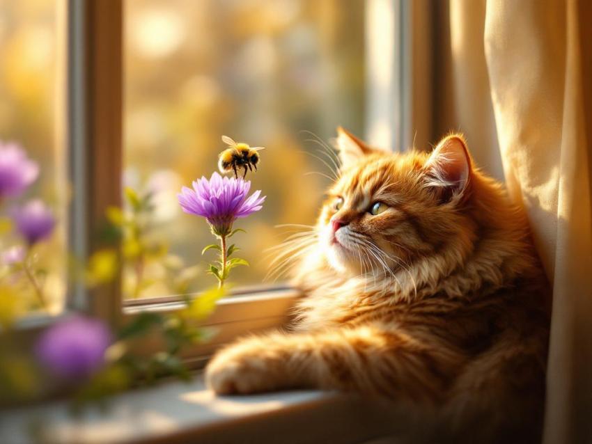 A cat purrs on a sunlit windowsill while a bee buzzes near a flower outside.