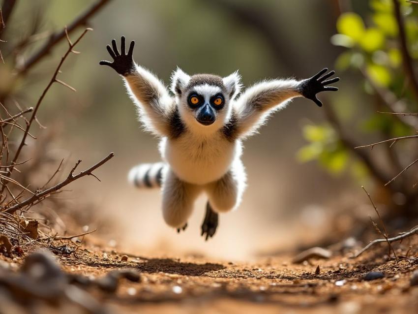 A Verreaux's sifaka lemur hopping sideways on the ground.