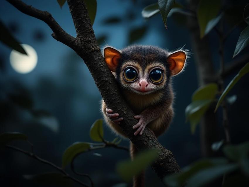 A tiny tarsier with huge eyes clings to a branch at night.