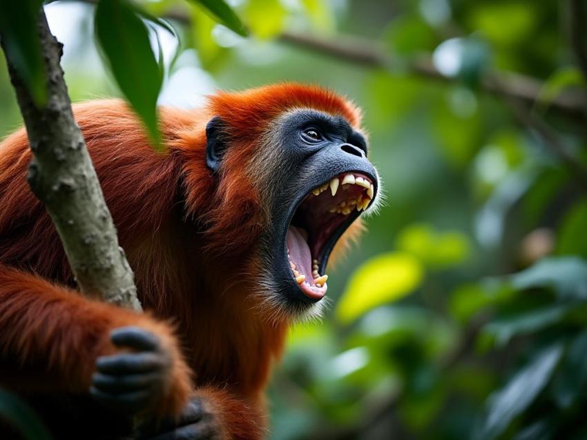 A Venezuelan red howler monkey howling in a rainforest tree.