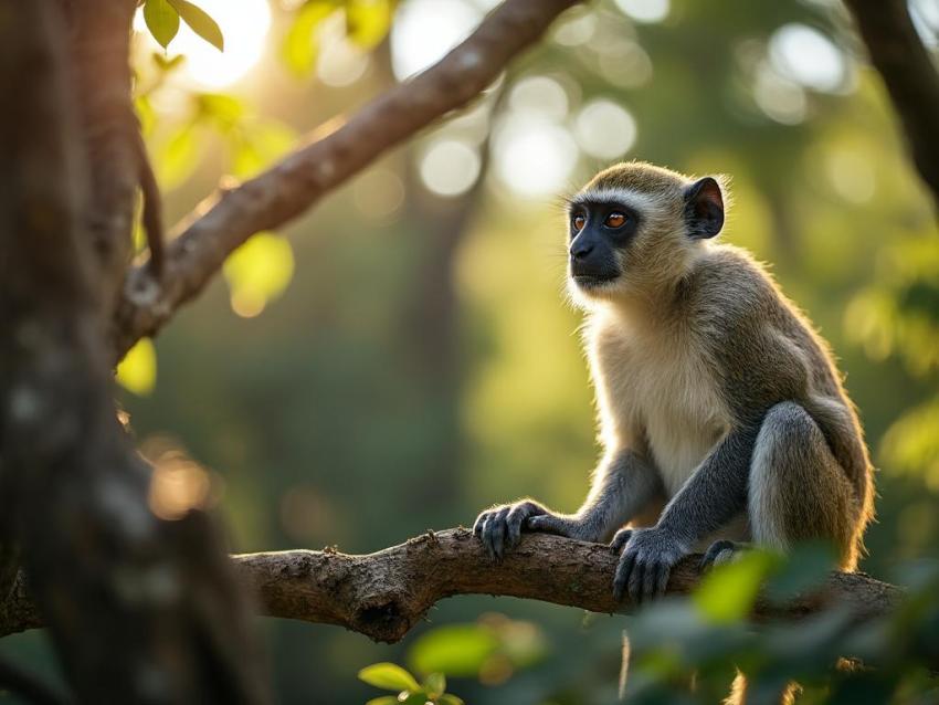 A vervet monkey sitting on a branch in an African forest.