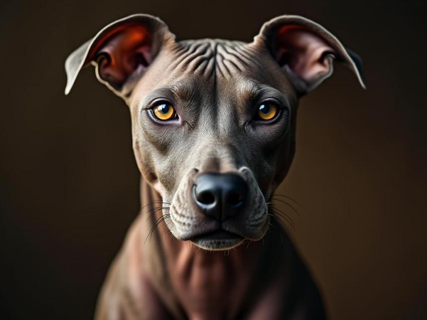 A portrait of a Xoloitzcuintli, a hairless Mexican dog, showing its unique skin and features.