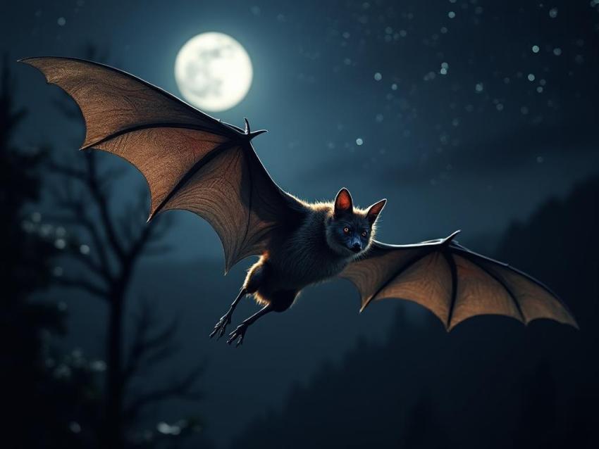 A common vampire bat flies through the night sky.