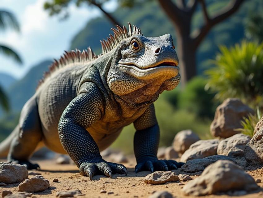 A large Komodo Dragon walking on a rocky island landscape.