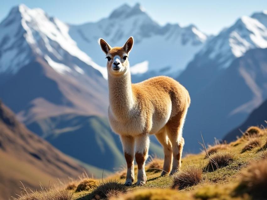 An elegant vicuña standing on a mountain slope in the Andes.