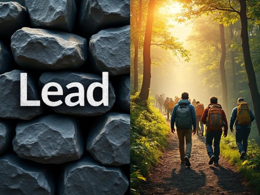 Image showing lead metal ingots and a person leading a group, illustrating the different meanings of the word 