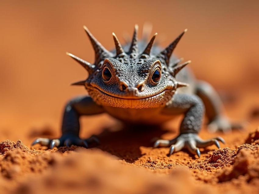 A thorny devil lizard stands camouflaged on red desert sand, water trickling on its skin.
