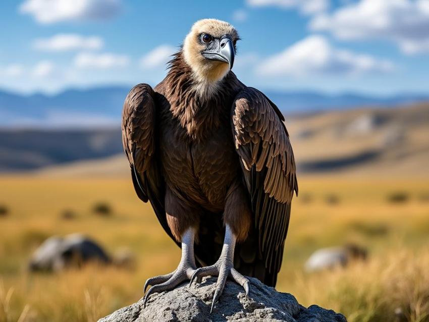 A large vulture perched on a rock in a savanna.