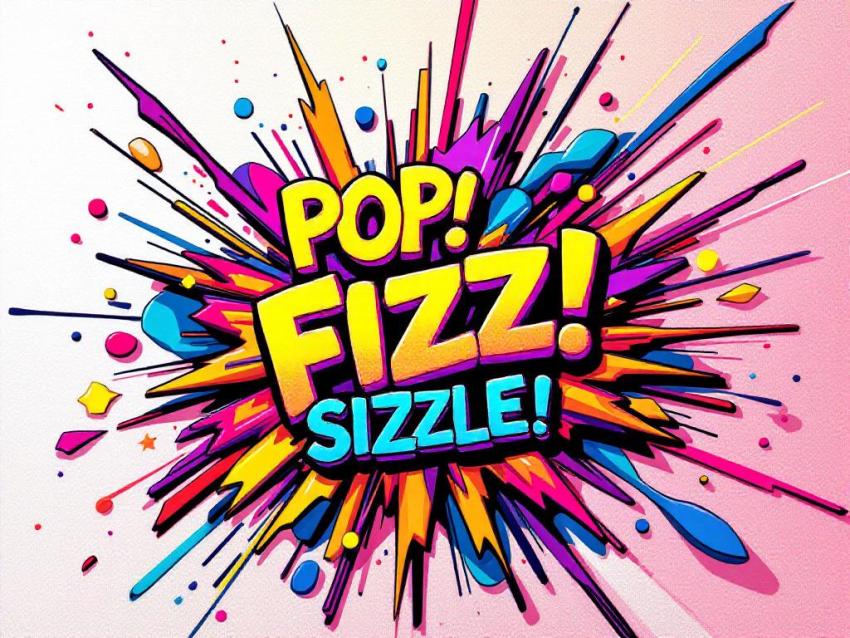 An illustration of sound words 'POP!', 'FIZZ!', 'SIZZLE!' depicted as vibrant, bursting shapes.