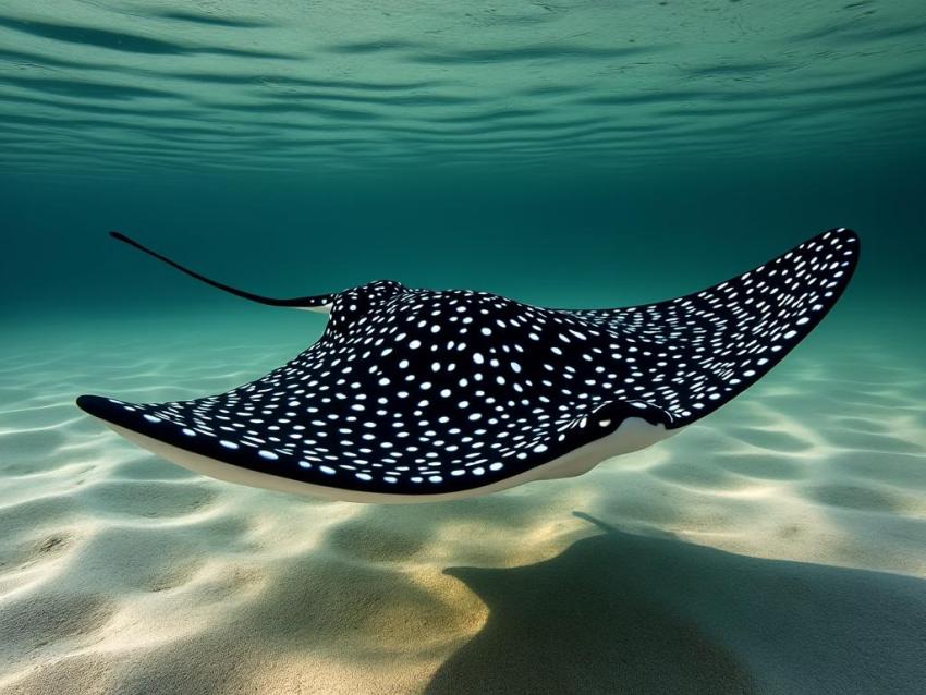 A Xingu River Ray, a black freshwater stingray with white spots, glides over a riverbed.