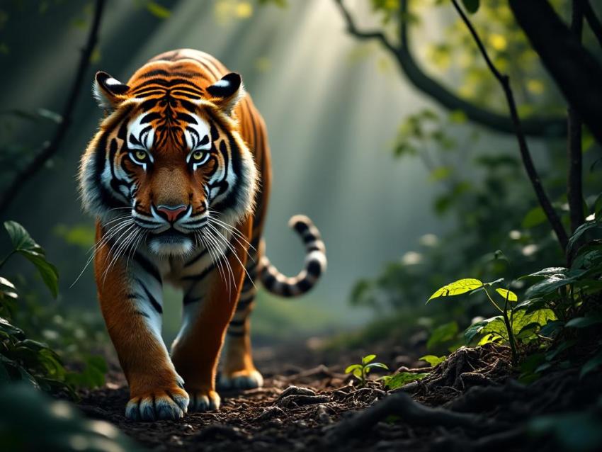 A Bengal tiger stalks silently through a misty rainforest