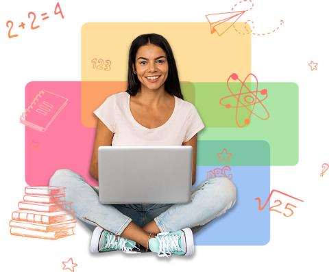 A female student with green a circle behind her and math inspired clipart floating around her..