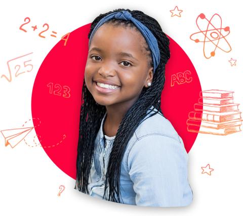 A female student with red circle behind her and math inspired clipart floating around her.