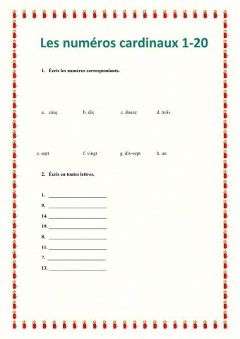 Les numéros cardinaux 1-20