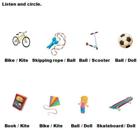 Toys. Listen and circle.