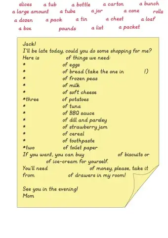 Shopping list note (containers and quantities)