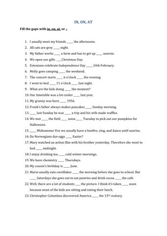 Prepositions of time - in, on, at