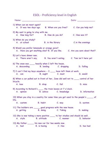 ESOL - Proficiency level in English