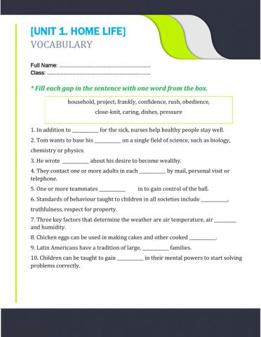 Unit 1. home life