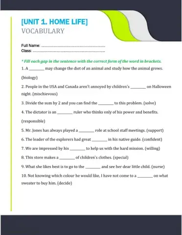 Unit 1. home life 3