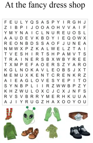 At the fancy dress shop. Wordsearch.