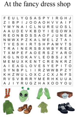 At the fancy dress shop. Wordsearch.