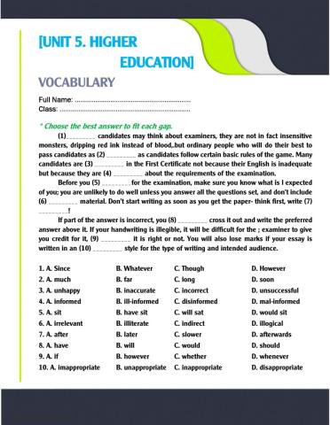 UNIT 5. GAP FILL (MCQs)