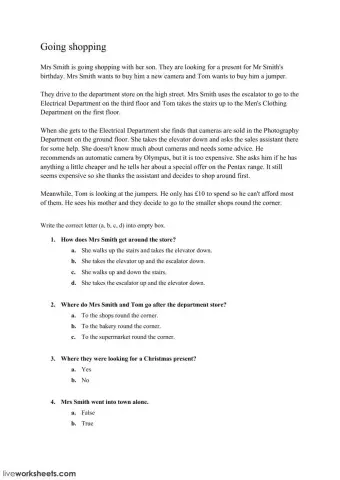 Going shopping - reading comprehension