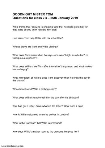 English Class 7B Goodnight Mister Tom Questions