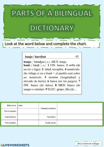 Parts of a bilingual dictionary