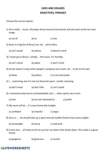 TEST - likes and dislikes, adjectives