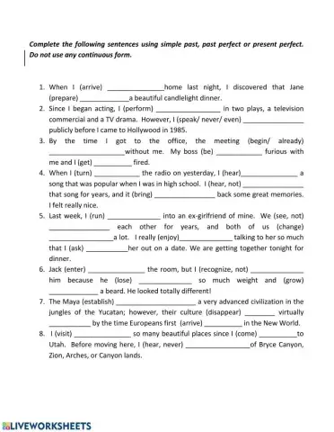 Simple present perfect, past, past perfect,
