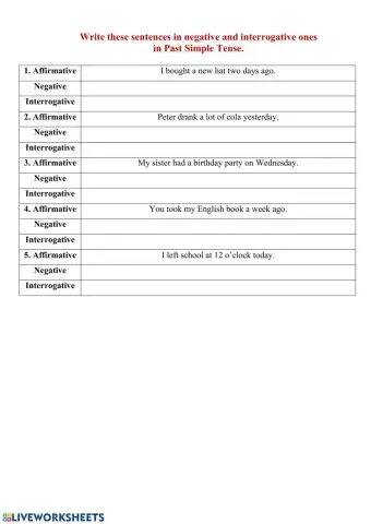Past Simple Tense Sentences Writing