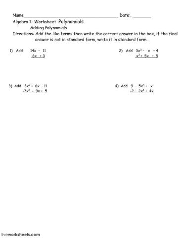 Polynomial worksheet