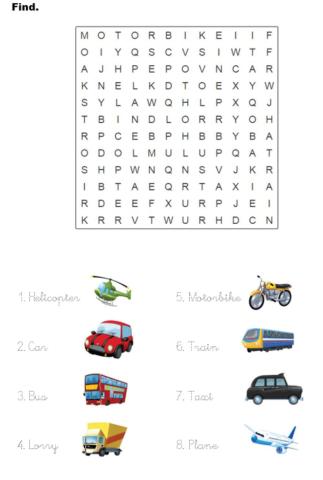 Transport. Wordsearch