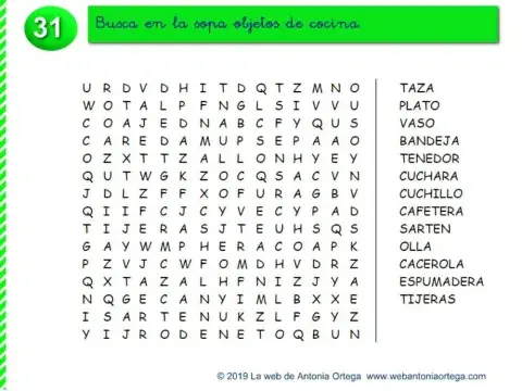 Sopa de letras: Objetos de cocina