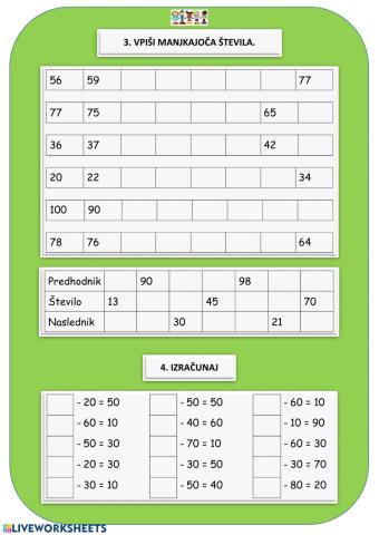 Zaporedja do 100, računanje