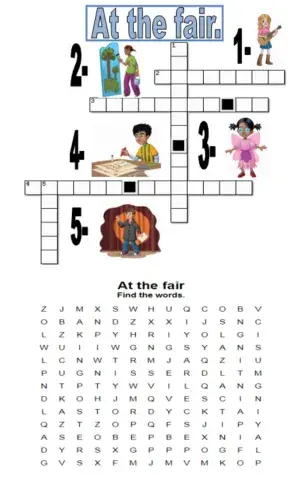 At the fair. Crossword and wordsearch.