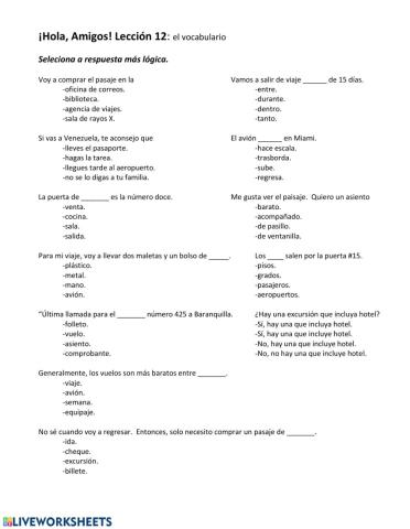 ¡Hola, Amigos! lección 12:  un repaso del vocabulario