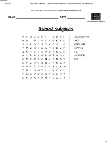 School subjects wordsearch