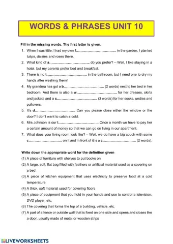 Vocabulary - in and round the house