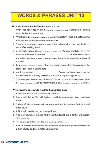 Vocabulary - in and round the house