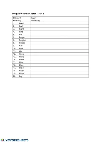 Past Tense Irregular Verbs English Test 2