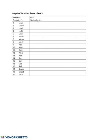 Past Tense Irregular Verbs English Test 3