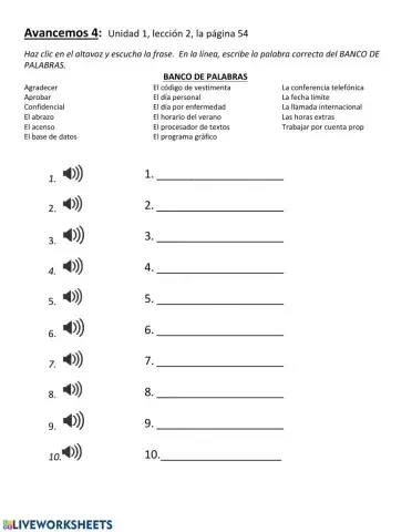 Avancemos 4:  Unidad 1,  lección 2, el vocabulario de la página 54