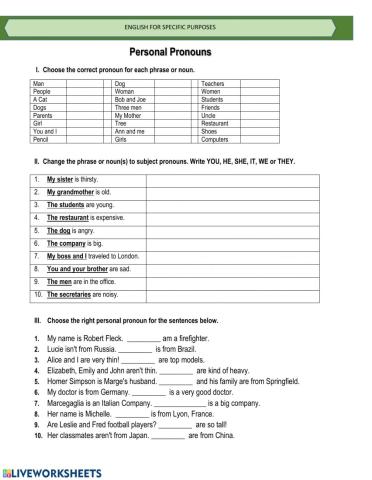 Personal Pronouns - Written Exercises