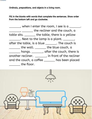 Ordinals, prepositions, and objects in a living room.