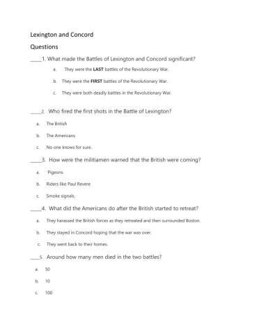 The Battle of Lexington and Concord Questions