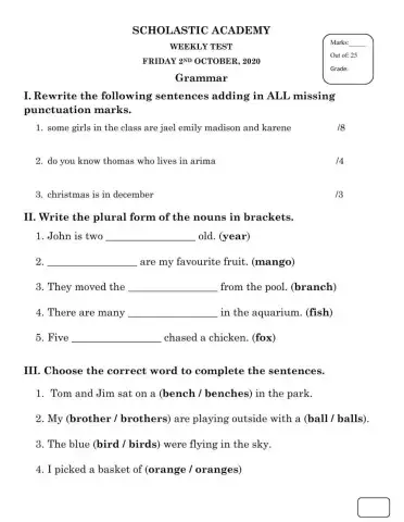 Grammar Weekly Test 2.10.20